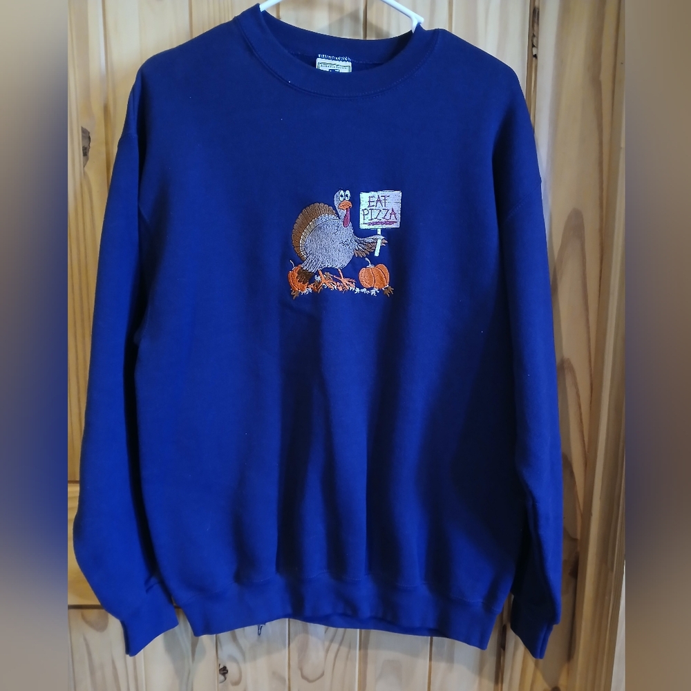 Lee Navy Blue Crewneck Sweater with Fun Turkey Embroidery Size XL